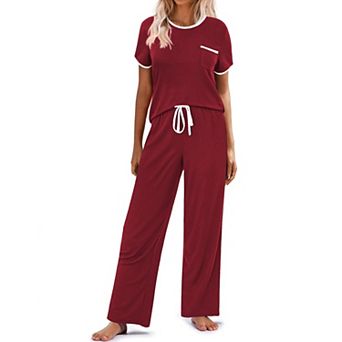 Ekouaer Women Lounge Pajamas Sets Ribbed Knit PJ Short Sleeve and Long Pj Pant Soft 2 pc Sleepwear