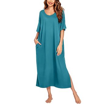 Ekouaer Long Nightgown for Women Short Sleeve Sleepwear Plus Size Loungewear with Pockets