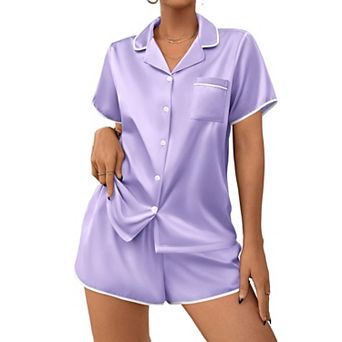 Ekouaer Women's Silky Button Down Pajama Set with Short Sleeve Top and Shorts