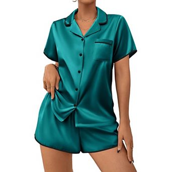 Ekouaer Women's Pajamas Set 2 pc Silky Sleepwear Buttton Down Short Sleeves Top and Shorts