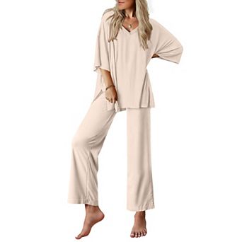 Ekouaer Lounge Sets for Women Pajamas Set Short Sleeve Tops and Long Pants Soft 2 pc Outfits