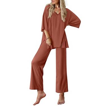 Ekouaer Lounge Sets for Women Pajamas Set Short Sleeve Tops and Long Pants Soft 2 pc Outfits