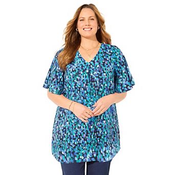 Catherines Women's Plus Size Pleated Flutter Sleeve Timeless Blouse