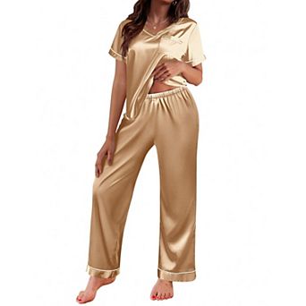 Ekouaer Pajamas for Women Short Sleeve Silk Pajama Sets Soft Sleepwear Top with Causal Long