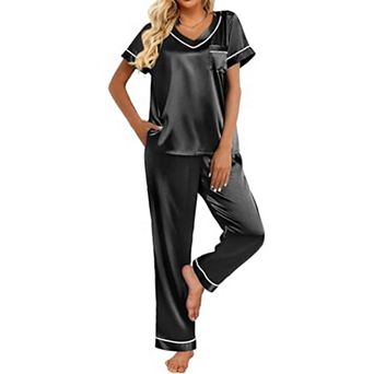 Ekouaer Pajamas for Women Short Sleeve Silk Pajama Sets Soft Sleepwear Top with Causal Long