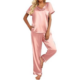 Ekouaer Pajamas for Women Short Sleeve Silk Pajama Sets Soft Sleepwear Top with Causal Long
