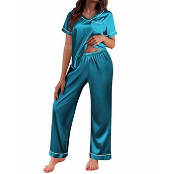 Ekouaer Pajamas for Women Short Sleeve Silk Pajama Sets Soft Sleepwear Top with Causal Long