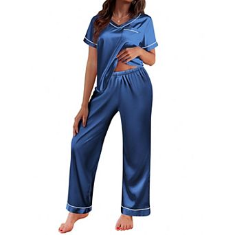 Ekouaer Pajamas for Women Short Sleeve Silk Pajama Sets Soft Sleepwear Top with Causal Long