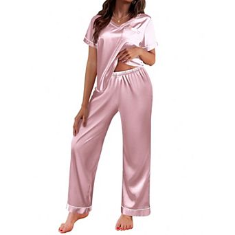 Ekouaer Pajamas for Women Short Sleeve Silk Pajama Sets Soft Sleepwear Top with Causal Long