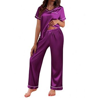 Ekouaer Pajamas for Women Short Sleeve Silk Pajama Sets Soft Sleepwear Top with Causal Long