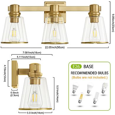 POWLIG 22" Vanity Light Fixture - 3-Light Dimmable Bathroom Lighting with Cone Clear Glass Shades