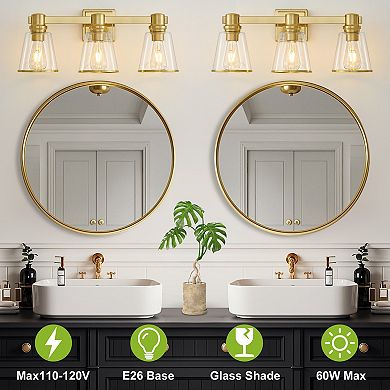 POWLIG 22" Vanity Light Fixture - 3-Light Dimmable Bathroom Lighting with Cone Clear Glass Shades