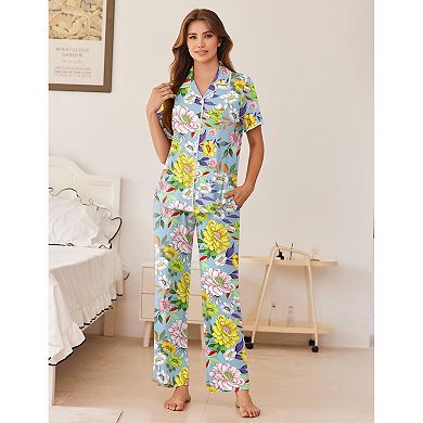Ekouaer Women's Pajama Sets Button Down Loungewear Short Sleeve Sleepwear 2 Piece Pants Pjs Set