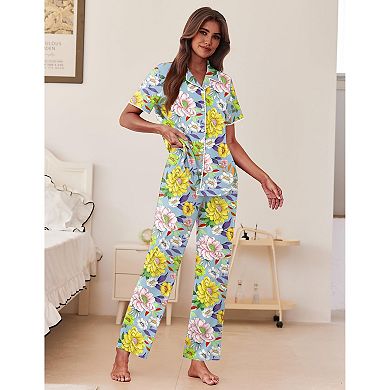 Ekouaer Women's Pajama Sets Button Down Loungewear Short Sleeve Sleepwear 2 Piece Pants Pjs Set