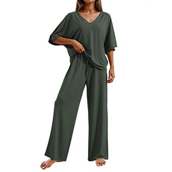 Ekouaer Pajama Sets for Women Short Sleeve Tops and Long Pants Pjs Lounge Set Summer 2 pc Outfits