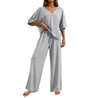 Ekouaer Pajama Sets for Women Short Sleeve Tops and Long Pants Pjs Lounge Set Summer 2 pc Outfits