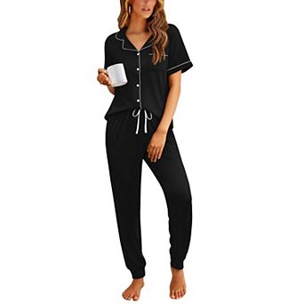 Ekouaer Women Pajama Set Short Sleeve Button Down Pjs Soft Comfy Sleepwear Nightwear with Jogger