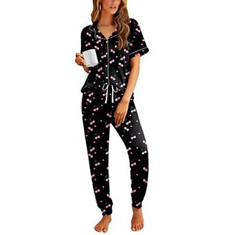 Ekouaer Women Pajama Set Short Sleeve Button Down Pjs Soft Comfy Sleepwear Nightwear with Jogger