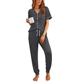 Ekouaer Women Pajama Set Short Sleeve Button Down Pjs Soft Comfy Sleepwear Nightwear with Jogger