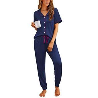 Ekouaer Women Pajama Set Short Sleeve Button Down Pjs Soft Comfy Sleepwear Nightwear with Jogger