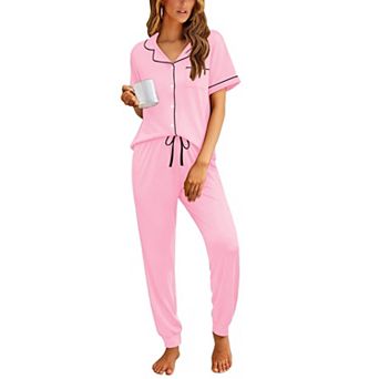 Ekouaer Women Pajama Set Short Sleeve Button Down Pjs Soft Comfy Sleepwear Nightwear with Jogger