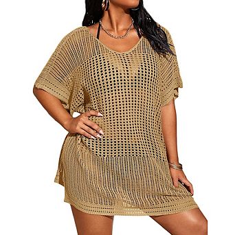 Women's Crochet Knit Beach Cover Up Open Back Short Sleeve Loose Fit Swimwear Cover Up Dress