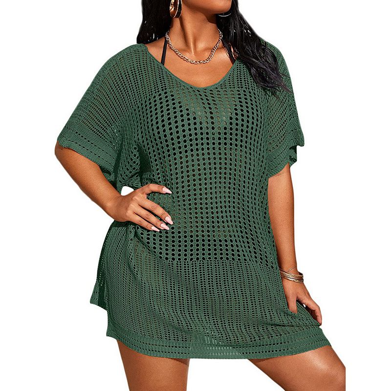 beach cover up dresses kohls Women's Crochet Knit Open Back Short Sleeve Loose Fit Swimwear Cover Up Dress neckline Short sleeves Semi