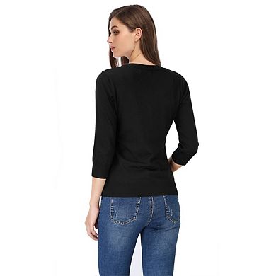 Women's 3/4 Sleeve V-Neck Button Down Solid Color Knit Sweater Soft Cardigan