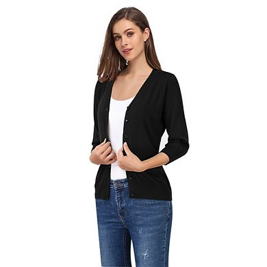 Women's 3/4 Sleeve V-Neck Button Down Solid Color Knit Sweater Soft Cardigan