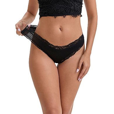 2 Packs Women's Lace Trim Mid-Waisted Ribbed Briefs Seamless Comfortable Regular Fit Solid Panties