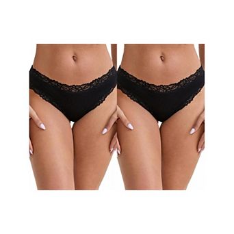 2 Packs Women's Lace Trim Mid-Waisted Ribbed Briefs Seamless Comfortable Regular Fit Solid Panties