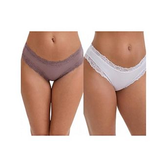 2 Packs Women's Lace Trim Mid-Waisted Ribbed Briefs Seamless Comfortable Regular Fit Solid Panties