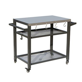 3 Shelf Outdoor Grill Cart with Wheels Food Prep Table with Tool Hooks and Propane Tank Hook