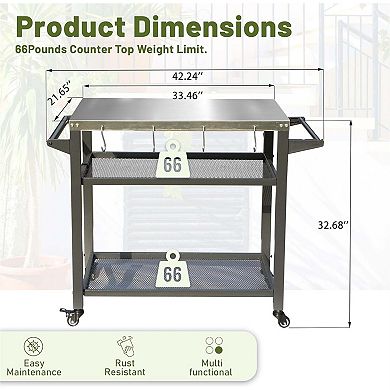 3 Shelf Outdoor Grill Cart with Wheels Food Prep Table with Tool Hooks and Propane Tank Hook