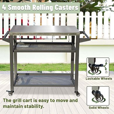 3 Shelf Outdoor Grill Cart with Wheels Food Prep Table with Tool Hooks and Propane Tank Hook