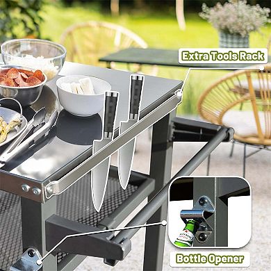 3 Shelf Outdoor Grill Cart with Wheels Food Prep Table with Tool Hooks and Propane Tank Hook