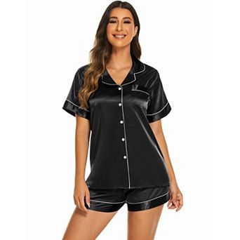 Ekouaer Silk Pajamas for Women Short Sleeve Sleepwear Soft Button Down Loungewear 2 pc Satin Pjs