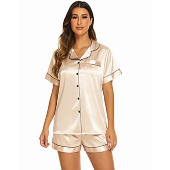 Ekouaer Silk Pajamas for Women Short Sleeve Sleepwear Soft Button Down Loungewear 2 pc Satin Pjs