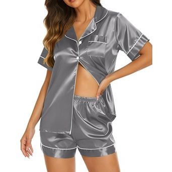 Ekouaer Silk Pajamas for Women Short Sleeve Sleepwear Soft Button Down Loungewear 2 pc Satin Pjs