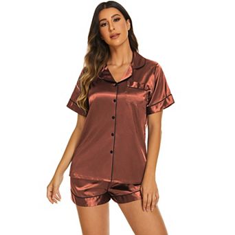 Ekouaer Silk Pajamas for Women Short Sleeve Sleepwear Soft Button Down Loungewear 2 pc Satin Pjs