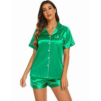 Ekouaer Silk Pajamas for Women Short Sleeve Sleepwear Soft Button Down Loungewear 2 pc Satin Pjs