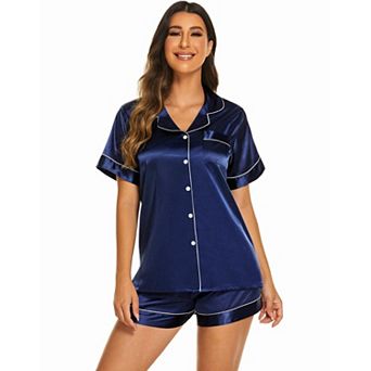 Ekouaer Silk Pajamas for Women Short Sleeve Sleepwear Soft Button Down Loungewear 2 pc Satin Pjs