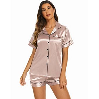 Ekouaer Women's Satin Button Down Pajama Set with Short Sleeve Top and Shorts