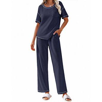 Ekouaer Women Waffle Knit Lounge Sets Short Sleeve Top and Long Pant Pajama Set Loungewear 2 pc