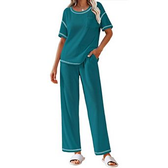 Ekouaer Women Waffle Knit Lounge Sets Short Sleeve Top and Long Pant Pajama Set Loungewear 2 pc
