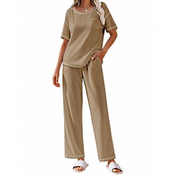 Ekouaer Women Waffle Knit Lounge Sets Short Sleeve Top and Long Pant Pajama Set Loungewear 2 pc