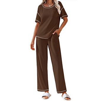 Ekouaer Women Waffle Knit Lounge Sets Short Sleeve Top and Long Pant Pajama Set Loungewear 2 pc