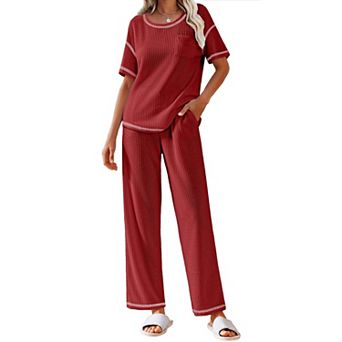 Ekouaer Women Waffle Knit Lounge Sets Short Sleeve Top and Long Pant Pajama Set Loungewear 2 pc