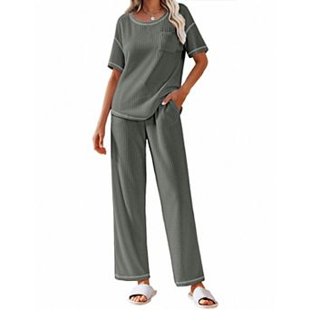 Ekouaer Women Waffle Knit Lounge Sets Short Sleeve Top and Long Pant Pajama Set Loungewear 2 pc