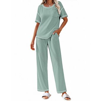 Ekouaer Women Waffle Knit Lounge Sets Short Sleeve Top and Long Pant Pajama Set Loungewear 2 pc